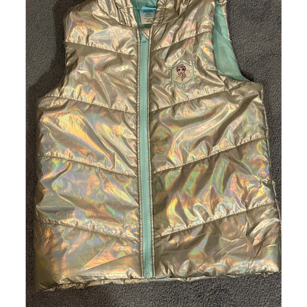 Disney Frozen Vest Girls Size 10 12 Silver Shimmer Hood Zip Up Puffer Vest Elsa
